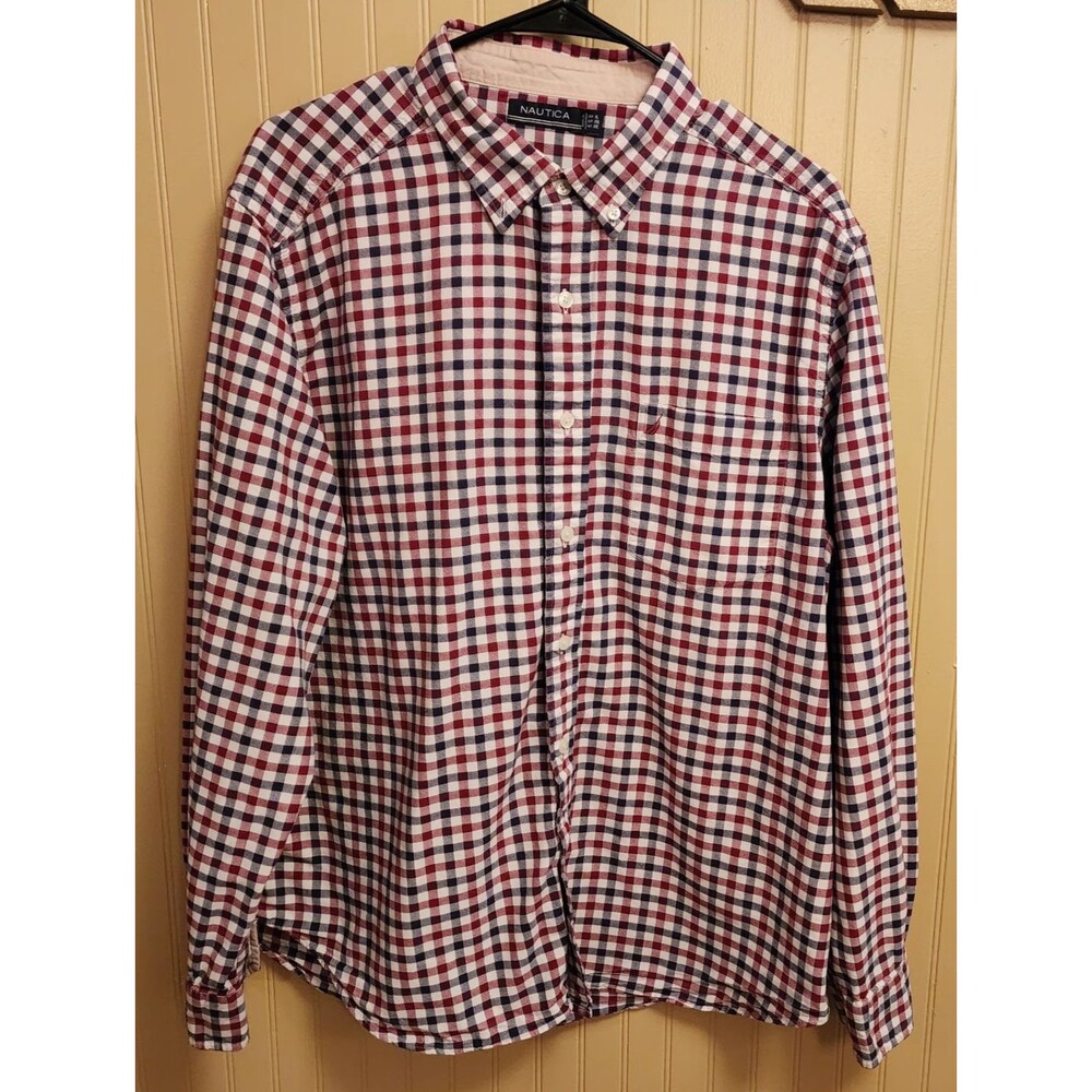 Nautica Plaid Navy Red White Button Down Men Shirt Size XL